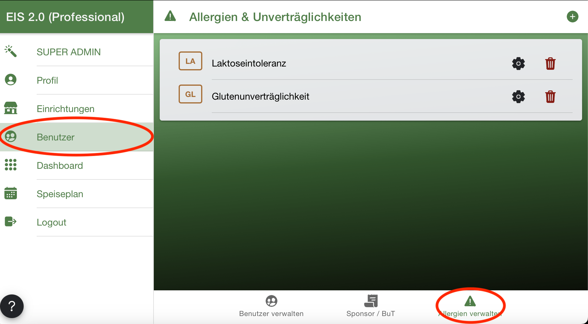 Tab Benutzer Allergien verwalten - EIS 2.0 Bestellsystem