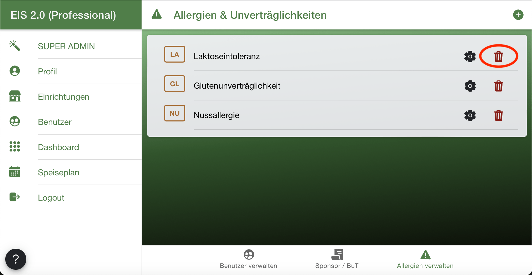 Mülleimer Allergien löschen - EIS 2.0 Bestellsystem