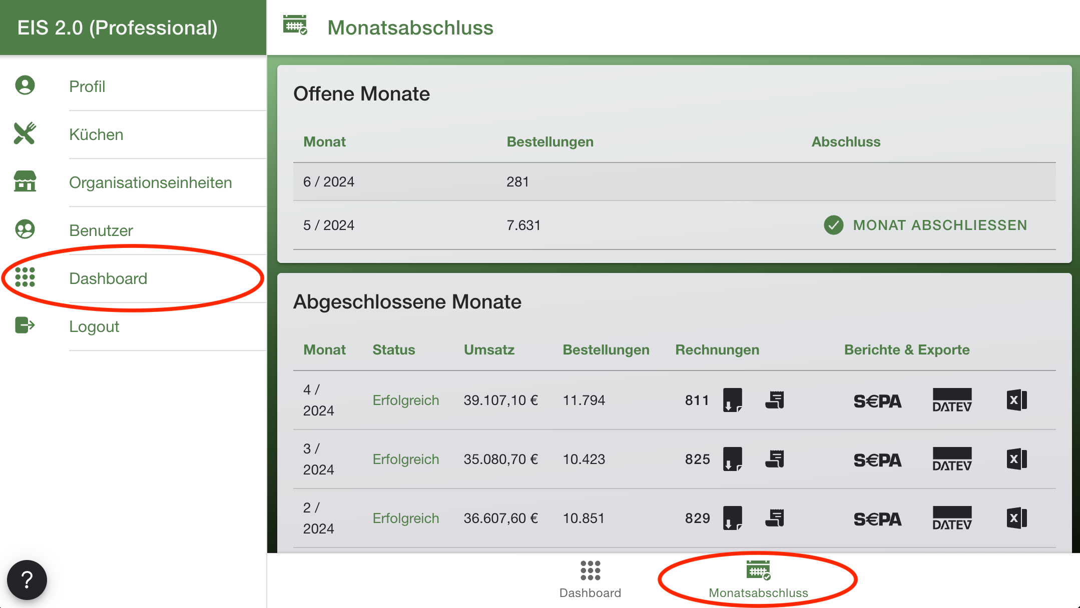 Monatsabschluss Übersicht EIS 2.0