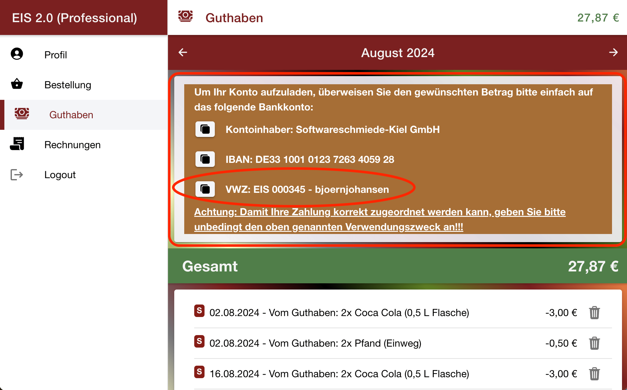 EIS 2.0 Besteller initiales Aufladen des Guthabens und Verwendungszweck