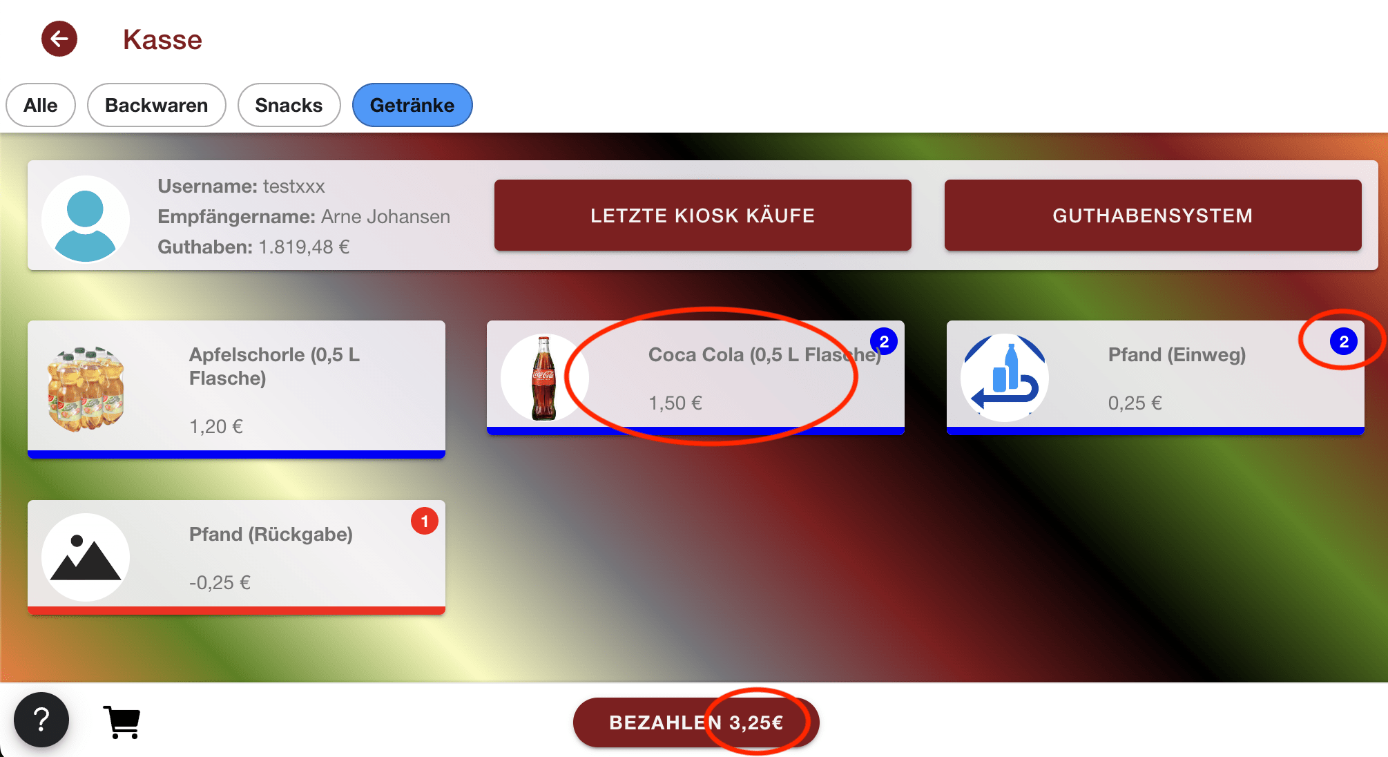 Artikelauswahl Getränke