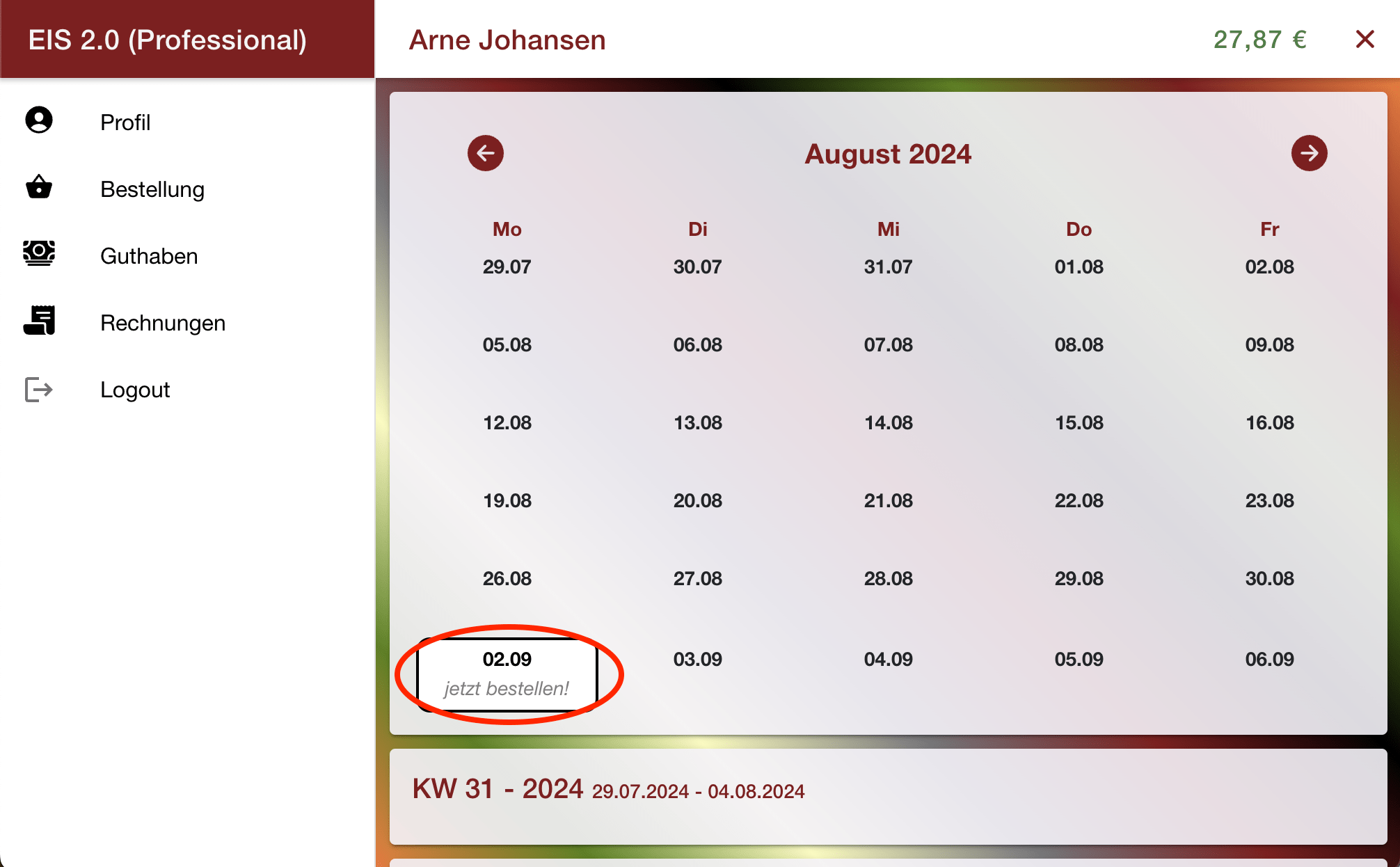 Auswahl Datum Bestellkalender - EIS 2.0 Online Bestellsystem