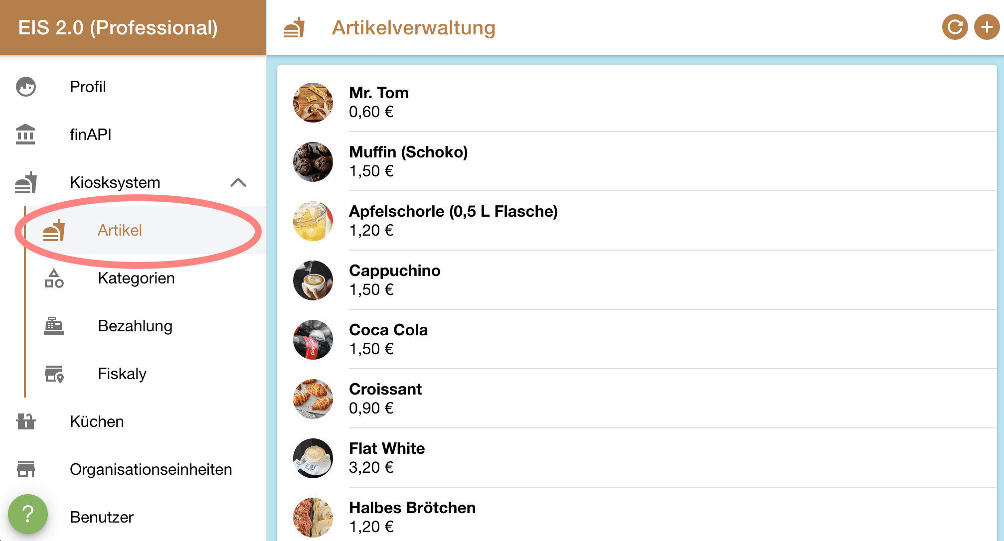 Artikel verwalten Menü - EIS 2.0 Kiosk