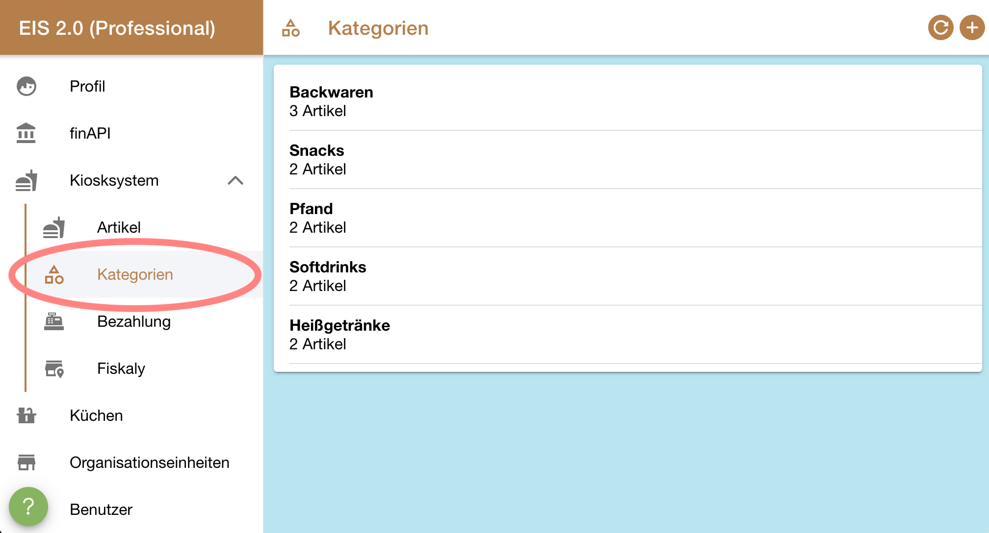 Kategorien verwalten Menü - EIS 2.0 Kiosksystem