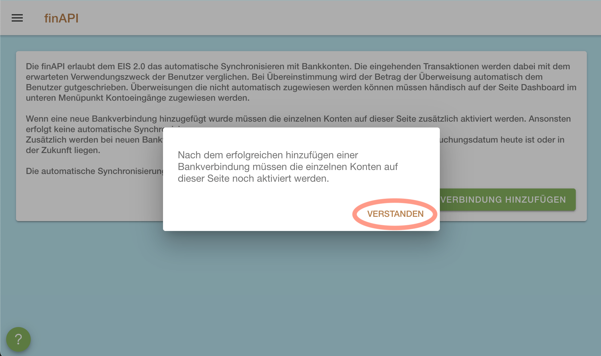 Meldung zur Aktivierung der Konten in der finAPI