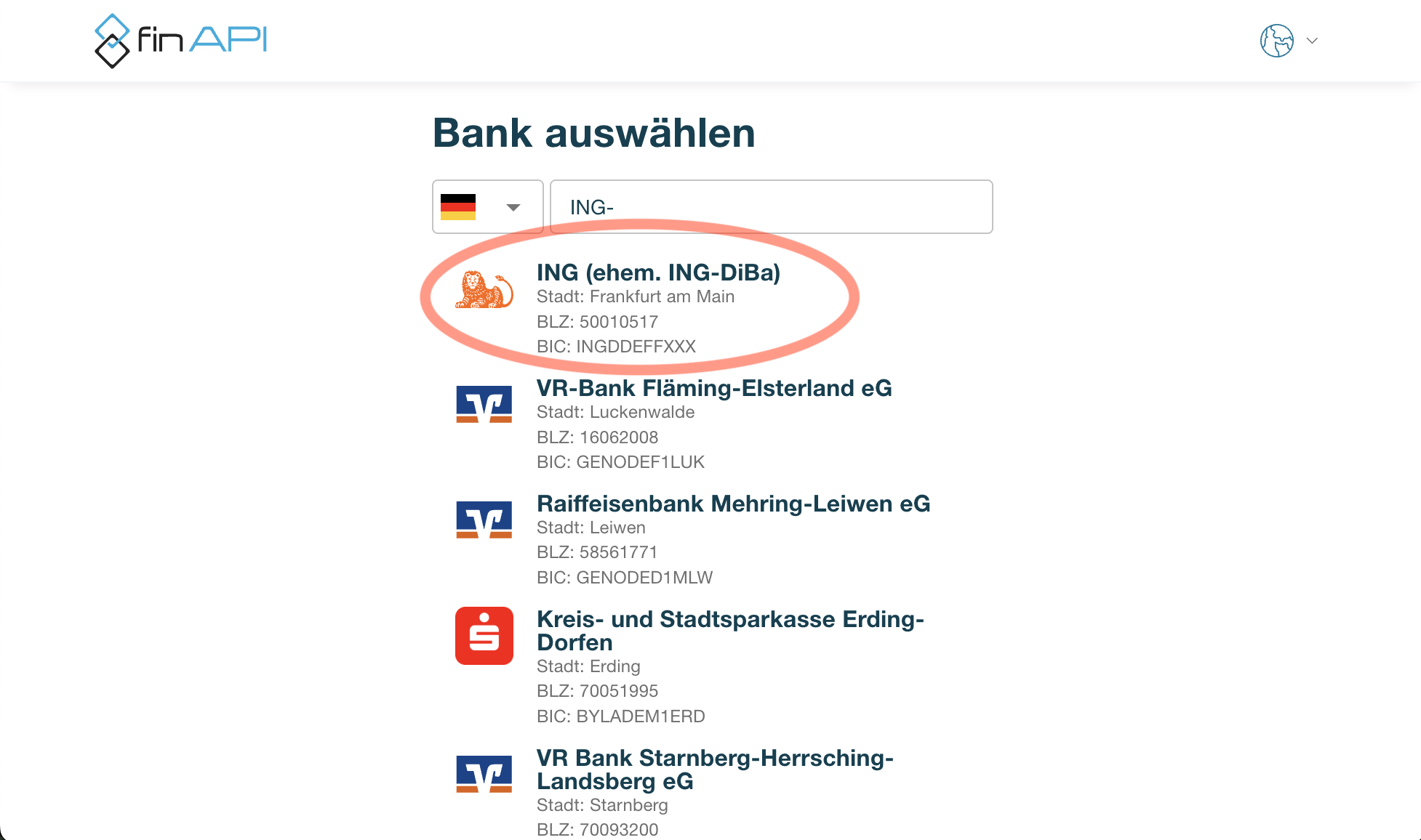 Bankauswahl finAPI