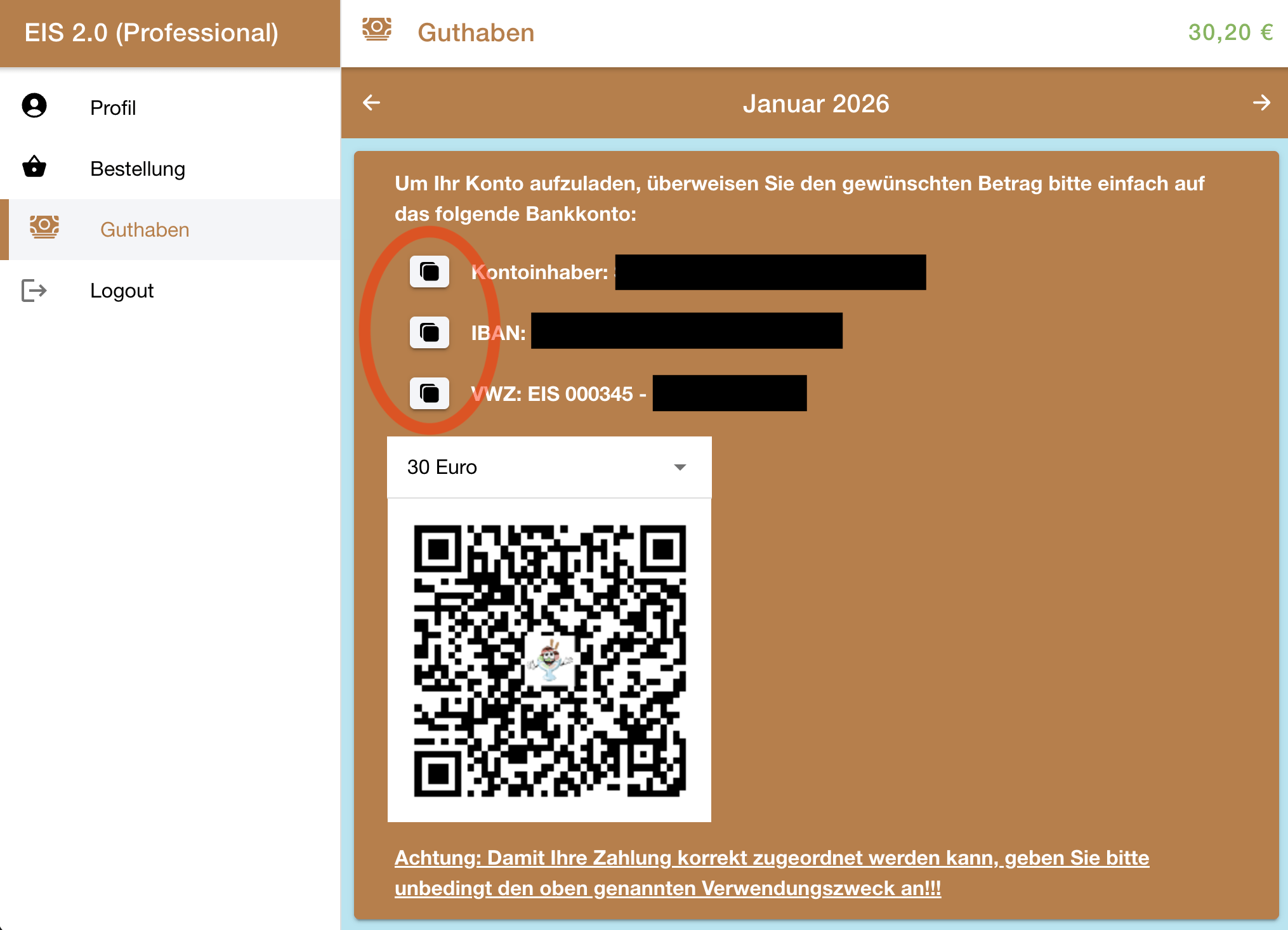 Aufladung Kundenkonto mit Kopieren und Einfügen