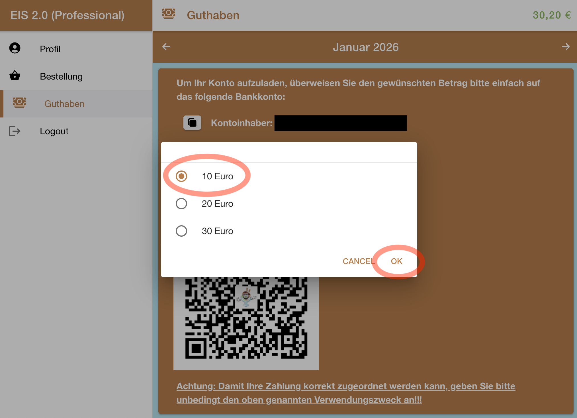 Aufladung Kundenkonto Betragsauswahl