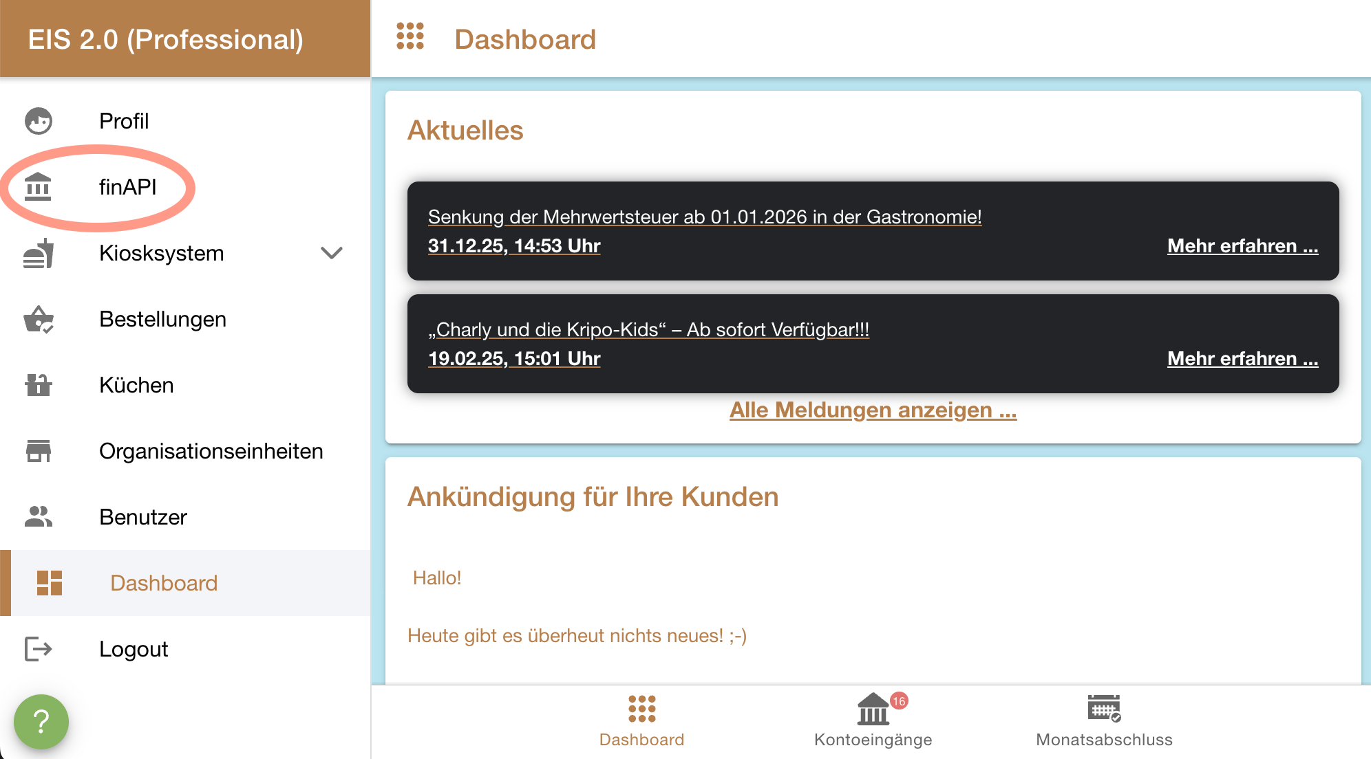 Aufruf Menüpunkt finAPI